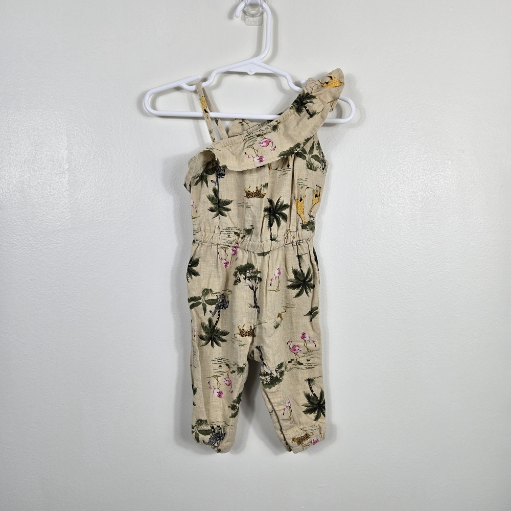 Old Navy Baby Girls Tan Tropical Animal Safari Ruffled One-Shoulder Romper 3-6M